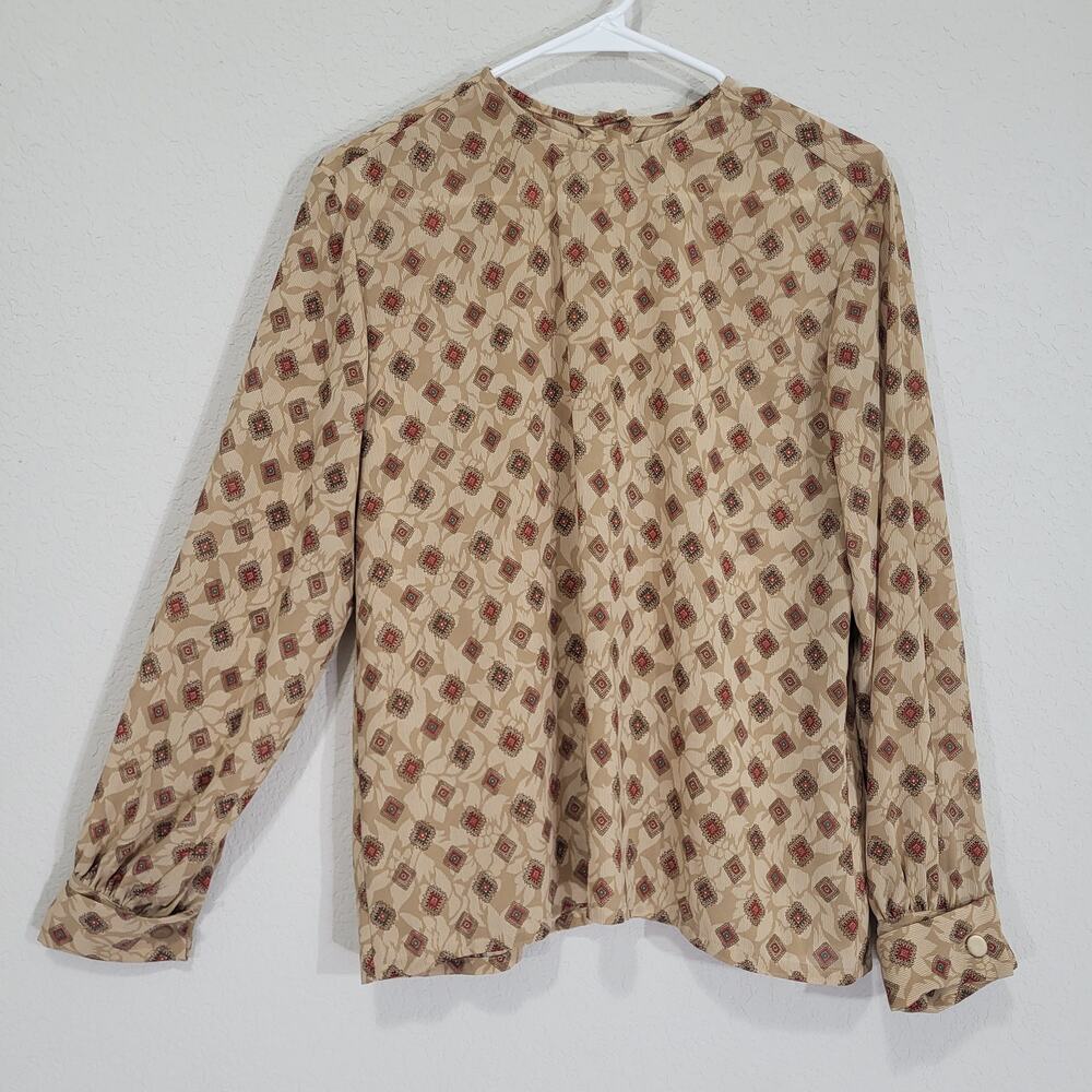 Vintage Blouse Geometric Diamond Print Women M 10 Long Sleeve Retro Office 80s